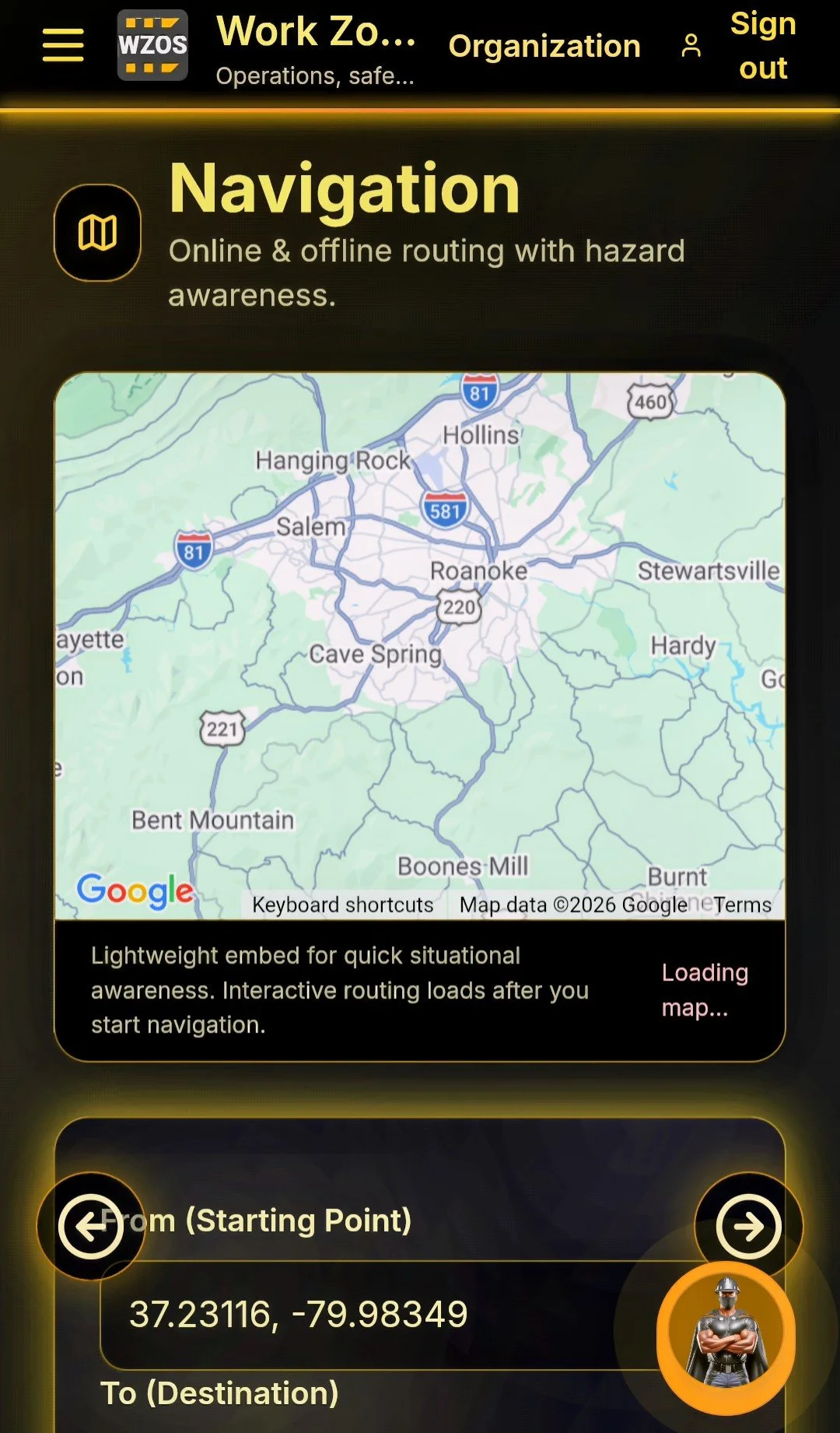 Mobile view of the Navigation screen