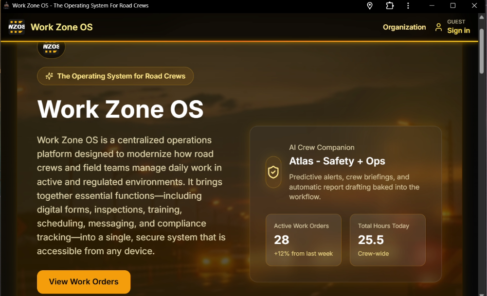 Work Zone OS landing screen