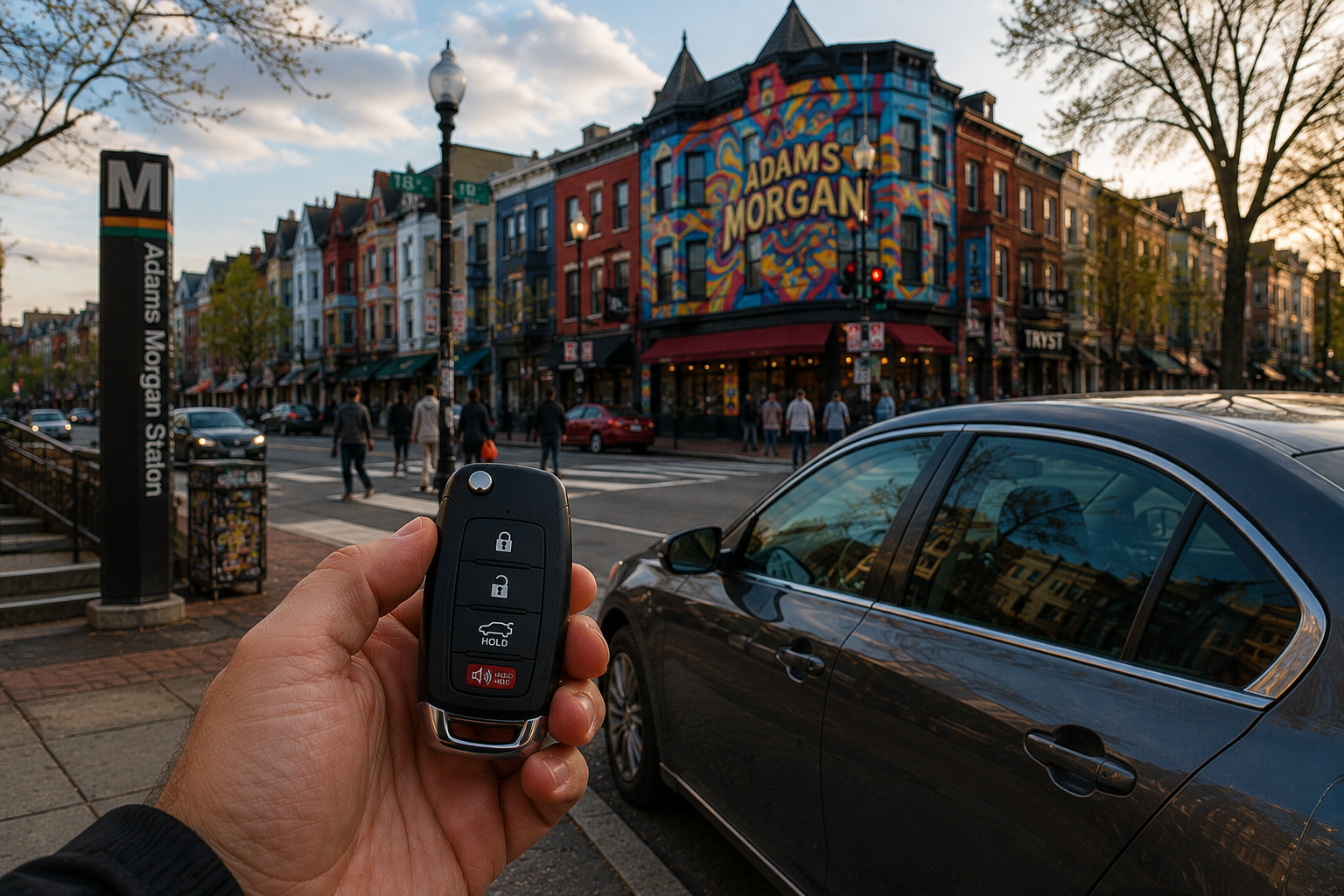 Car key fob in hand beside a parked car in Adams Morgan Washington DC — Capitol Locksmith DC mobile car locksmith