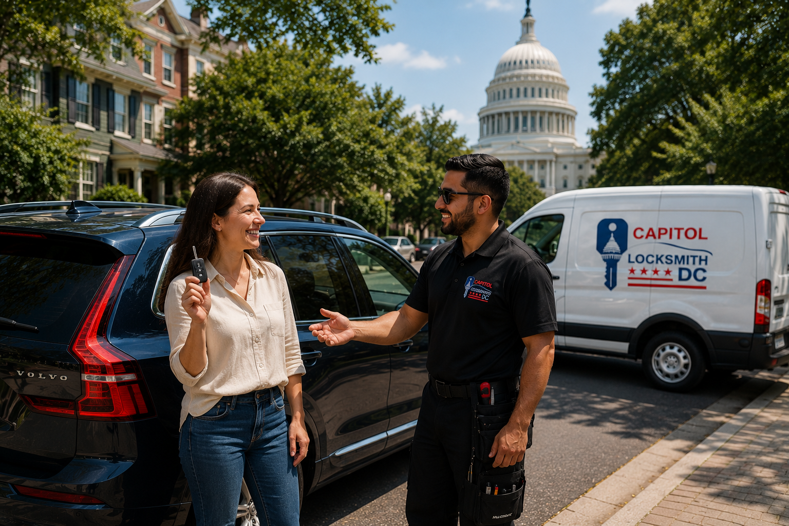 Capitol Locksmith DC customer receiving new car key — car key replacement service Washington DC Maryland