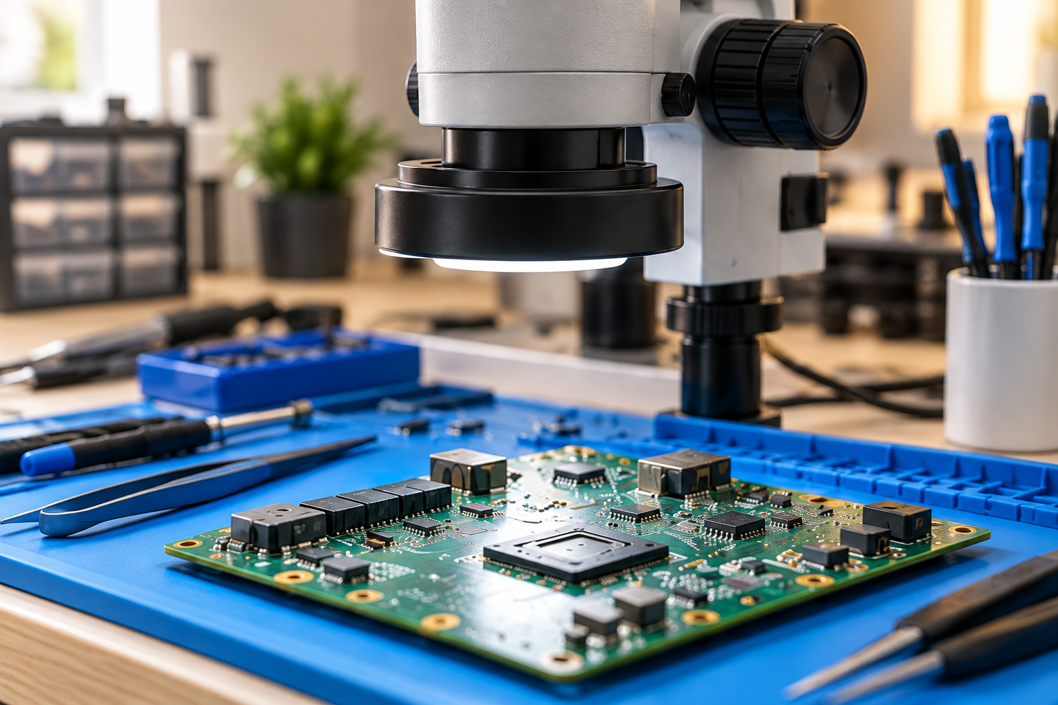 Illustration of a microscope over a console circuit board on a blue repair mat