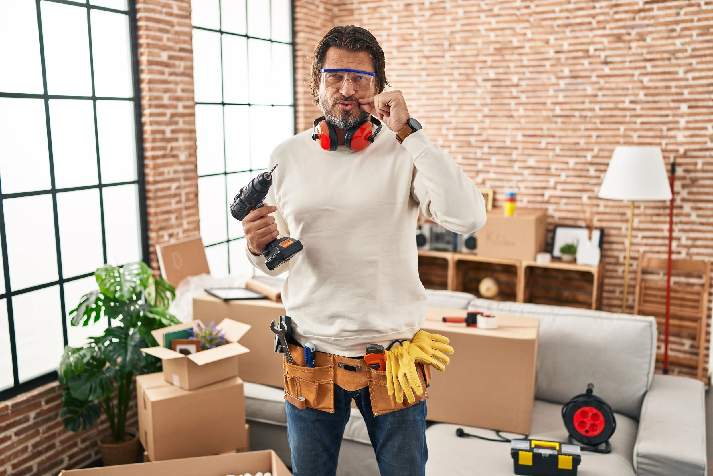Professional handyman holding screwdriver at home