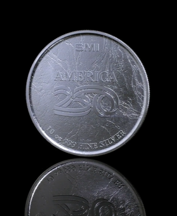 Reverse of the Liberty Coin showing SMI America 250 design and 10 oz .999 fine silver inscription