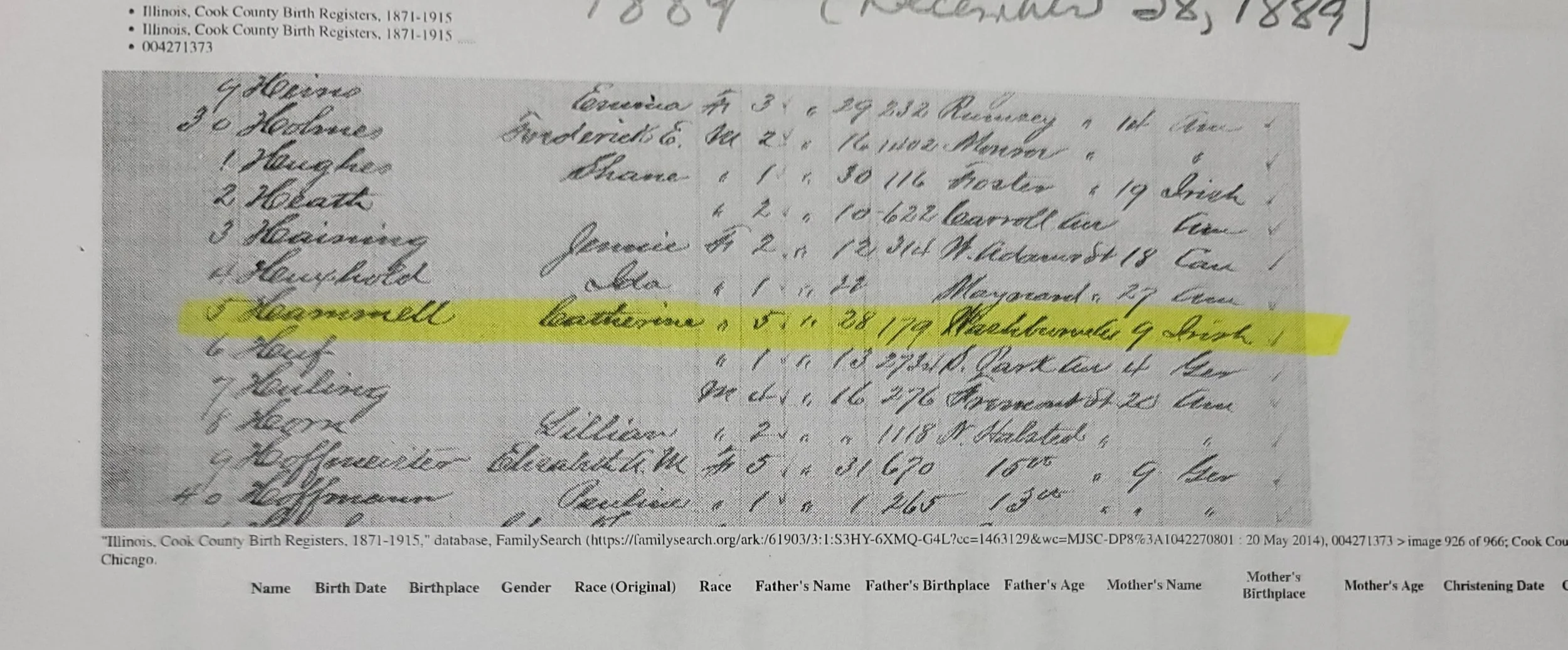 Cook County birth register Catherine Hammell December 1889