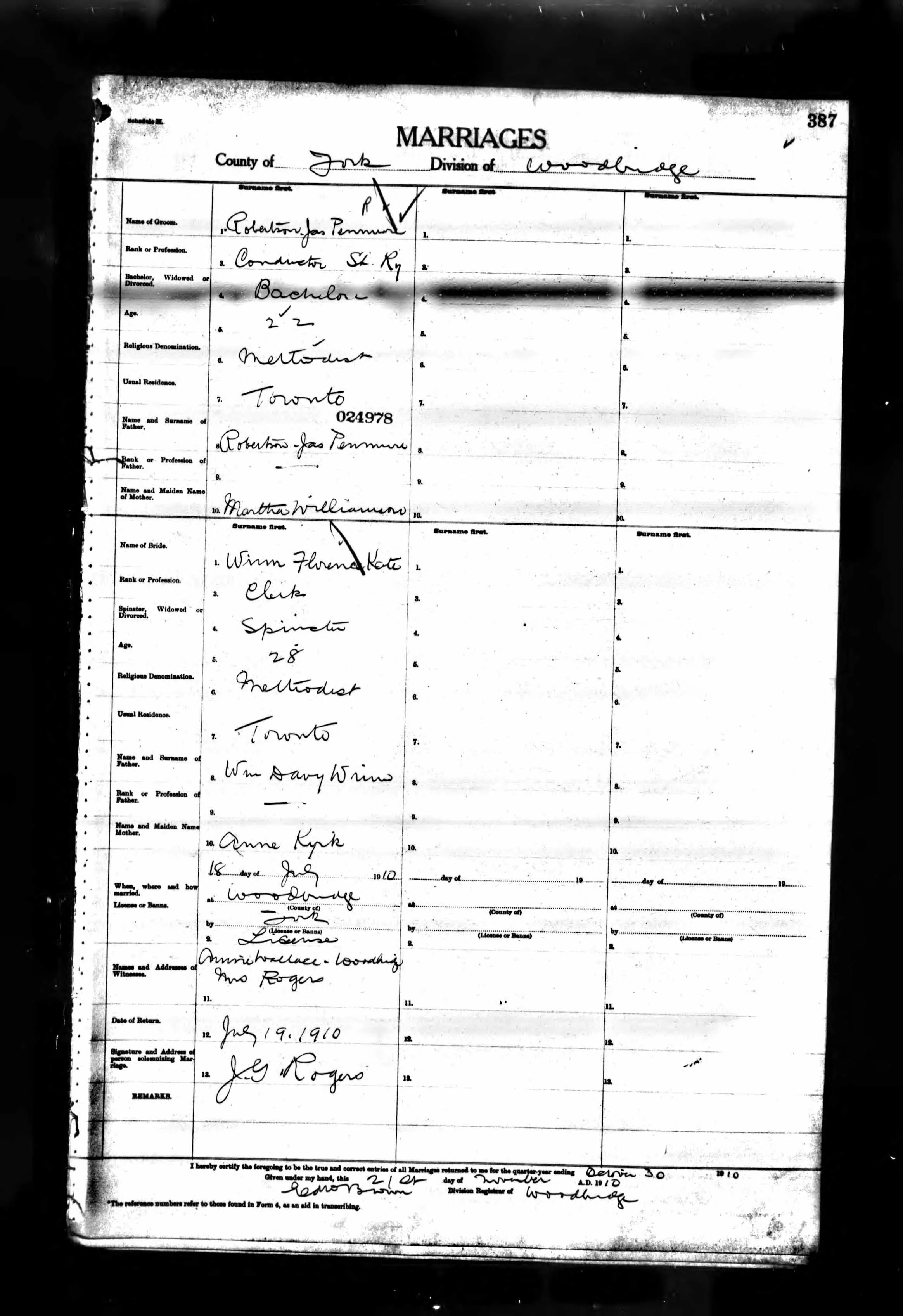 1910 Ontario marriage record of James Panmuir Robertson Jr