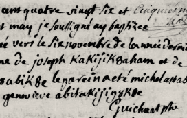Original 1786 Oka mission register page, May 27, showing the baptism of baby Geneviève daughter of Joseph KakijikBaham, with Geneviève Abitakijikokwe serving as godmother — her first documented appearance