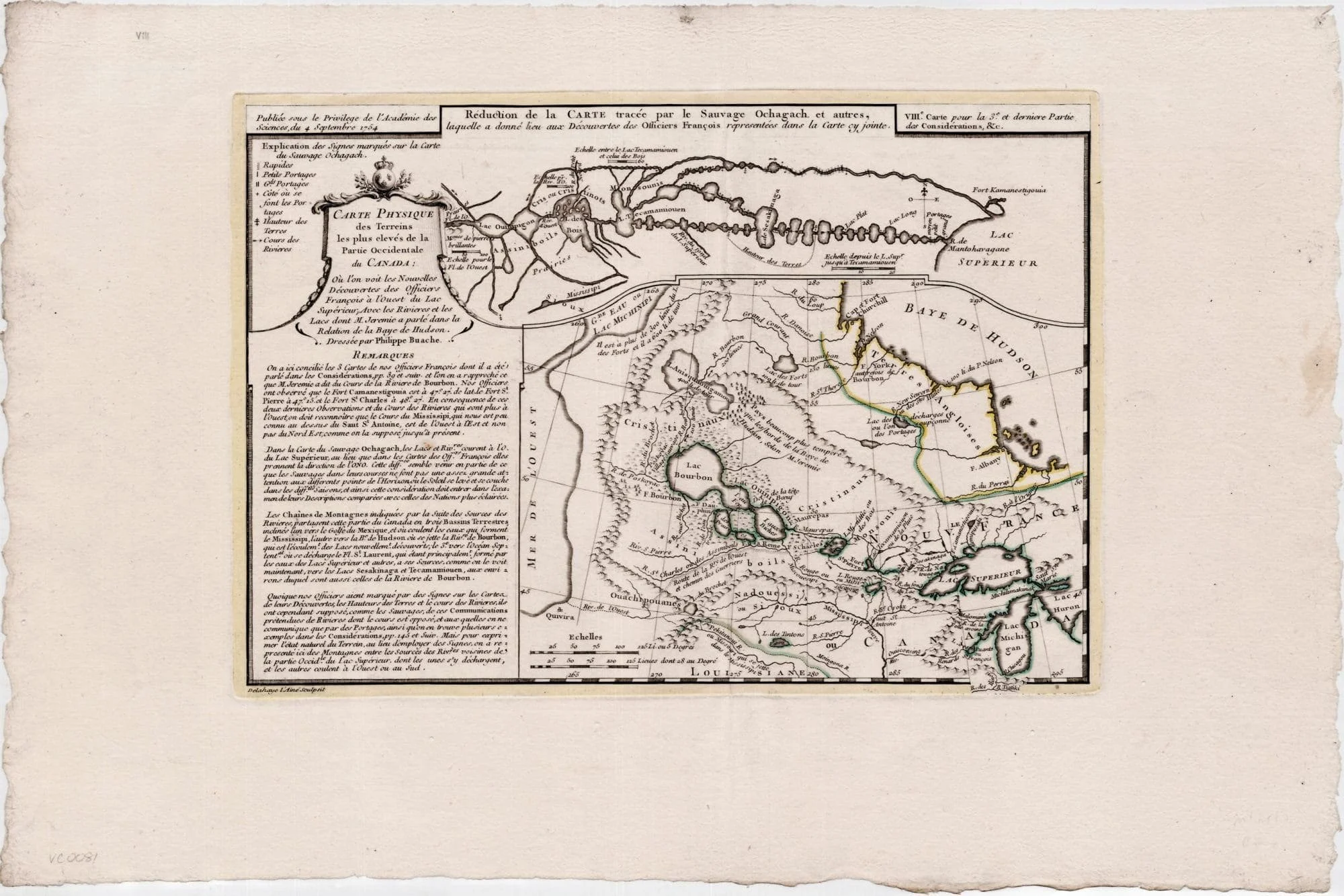 Philippe Buache, Carte Physique des Terreins les plus eleves de la Partie Orientale du Canada, with inset Réduction de la Carte tracée par le Sauvage Ochagach. Paris, September 4, 1754.