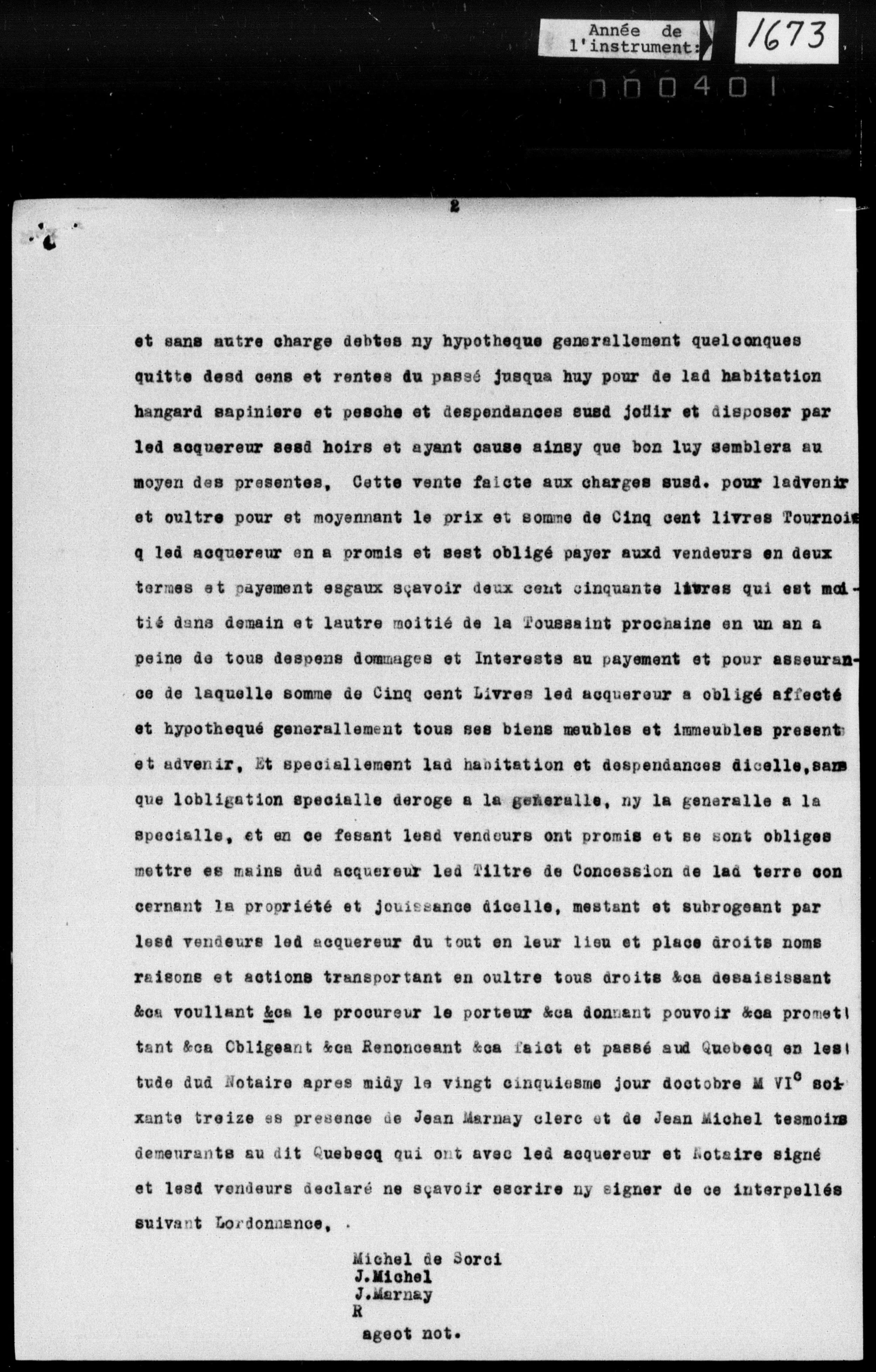 Vente Pinel–Ledet to Michel Desorcis, 25 October 1673, second page, with the price and the declaration that the vendors could not sign