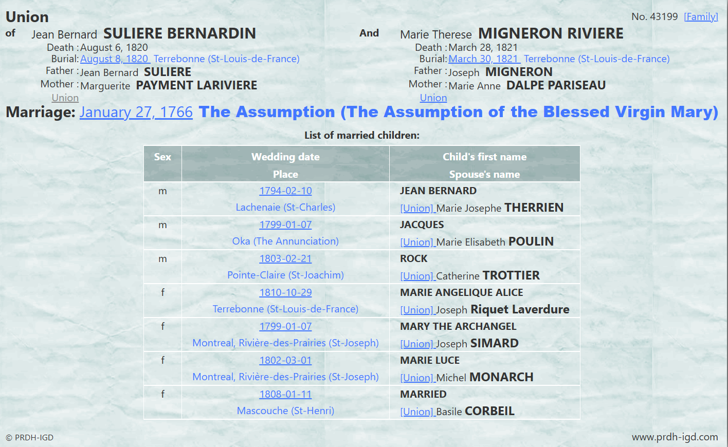 PRDH Union Record showing Jean Bernardin's family
