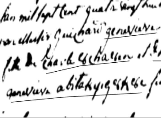 Original 1788 Oka mission register in Father Lebrun&rsquo;s hand, showing Genevi&egrave;ve Abitakijig8ek8e identified as godmother and wife of 8abizi le grand &mdash; with modern transcription below