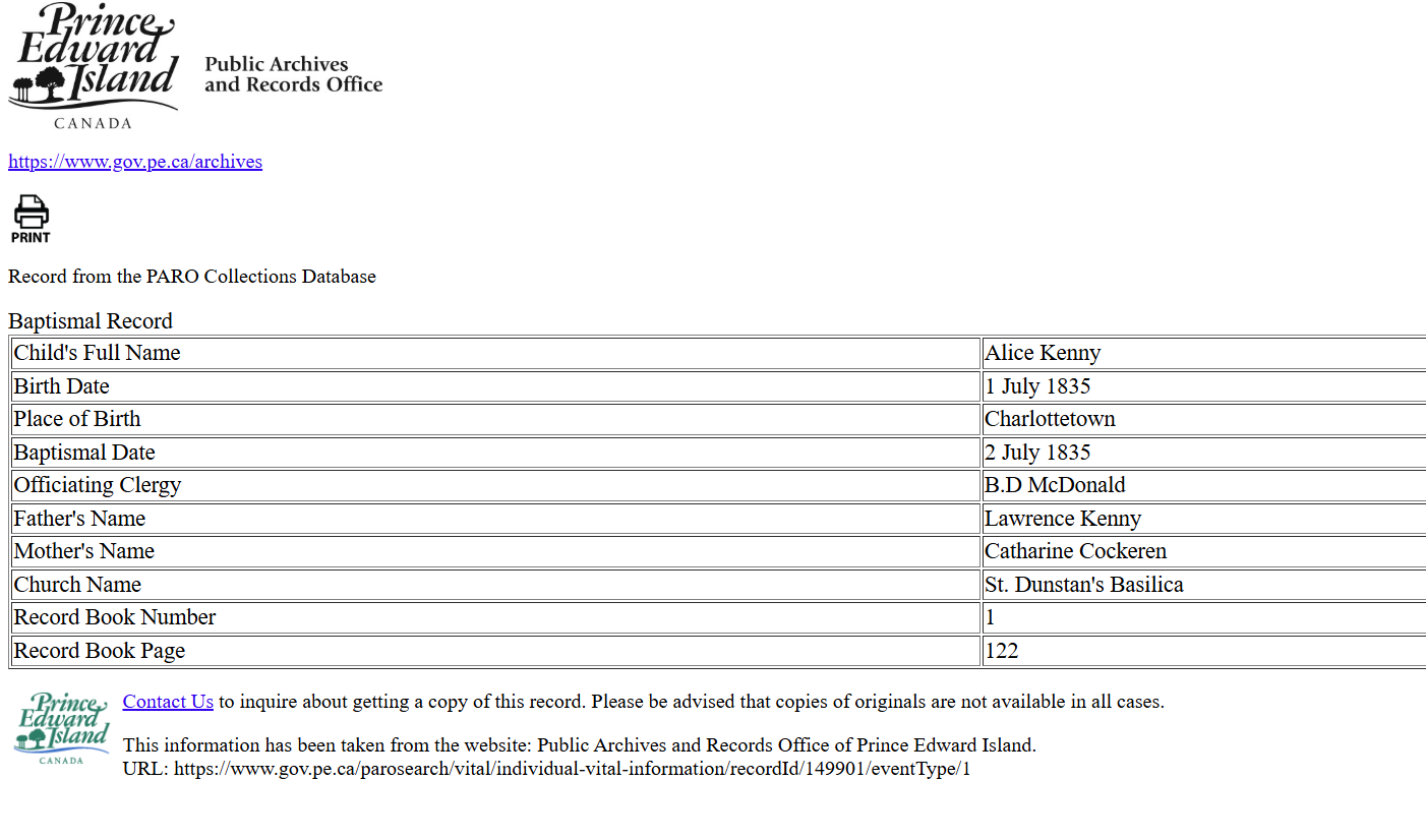 PARO database record for Alice Kenny baptism