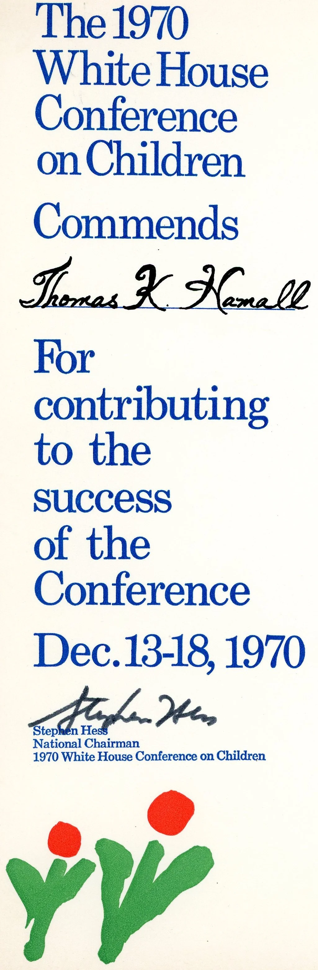 Thomas K. Hamall, 1970 White House Conference on Children commendation
