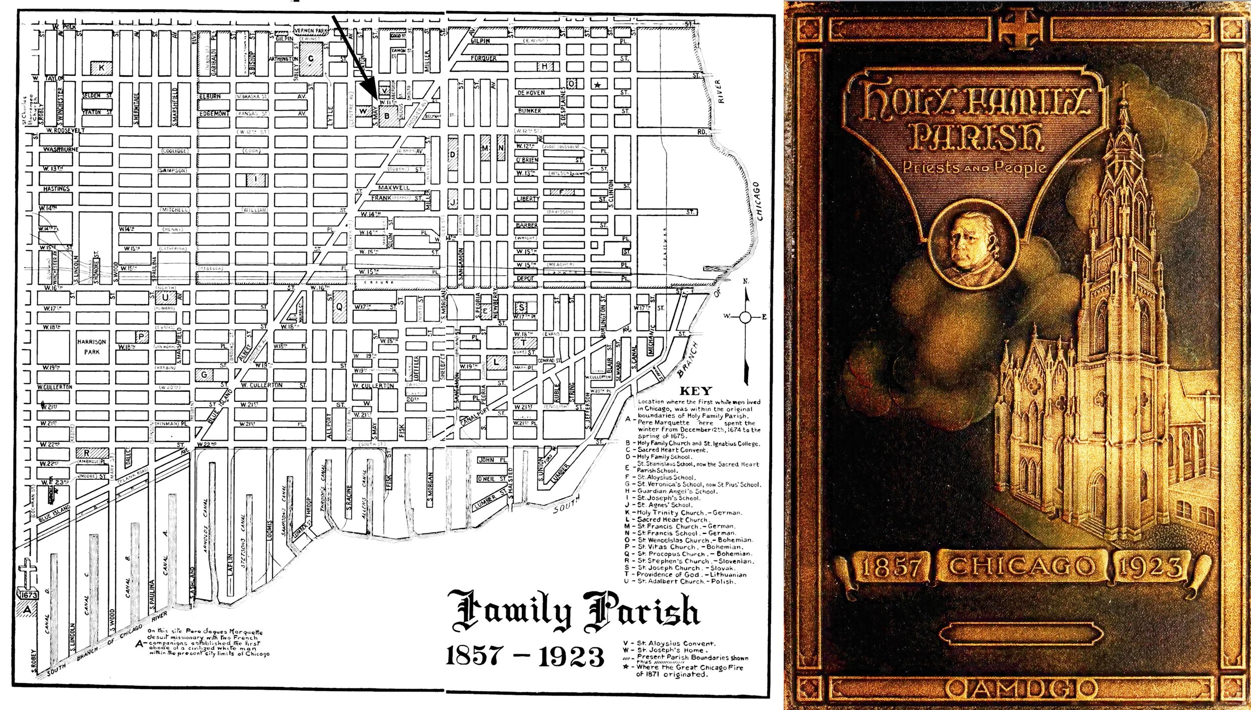 Holy Family Parish Map 1857-1923 and commemorative book cover