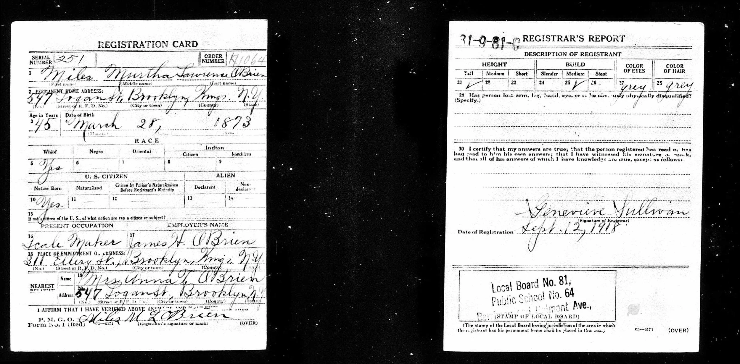 Miles Murtha Lawrence O'Brien's WWI Draft Registration Card, September 12, 1918