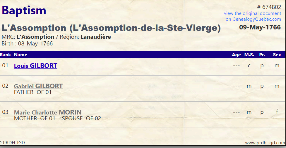 PRDH Baptism Louis Gilbort 1766