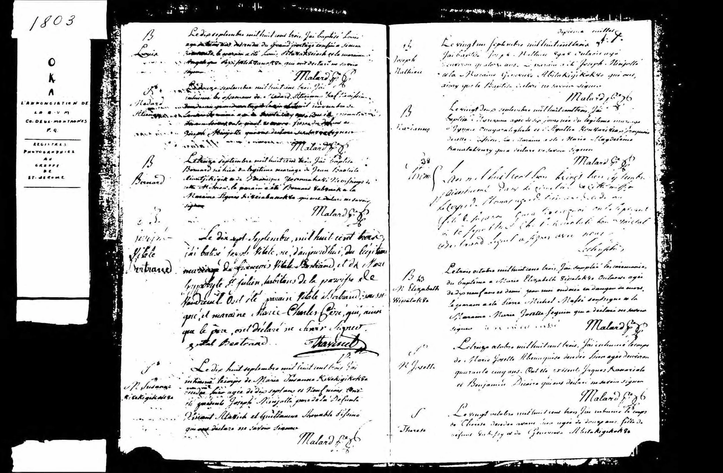 1803 register page showing burial of Thérèse at bottom, record continuing