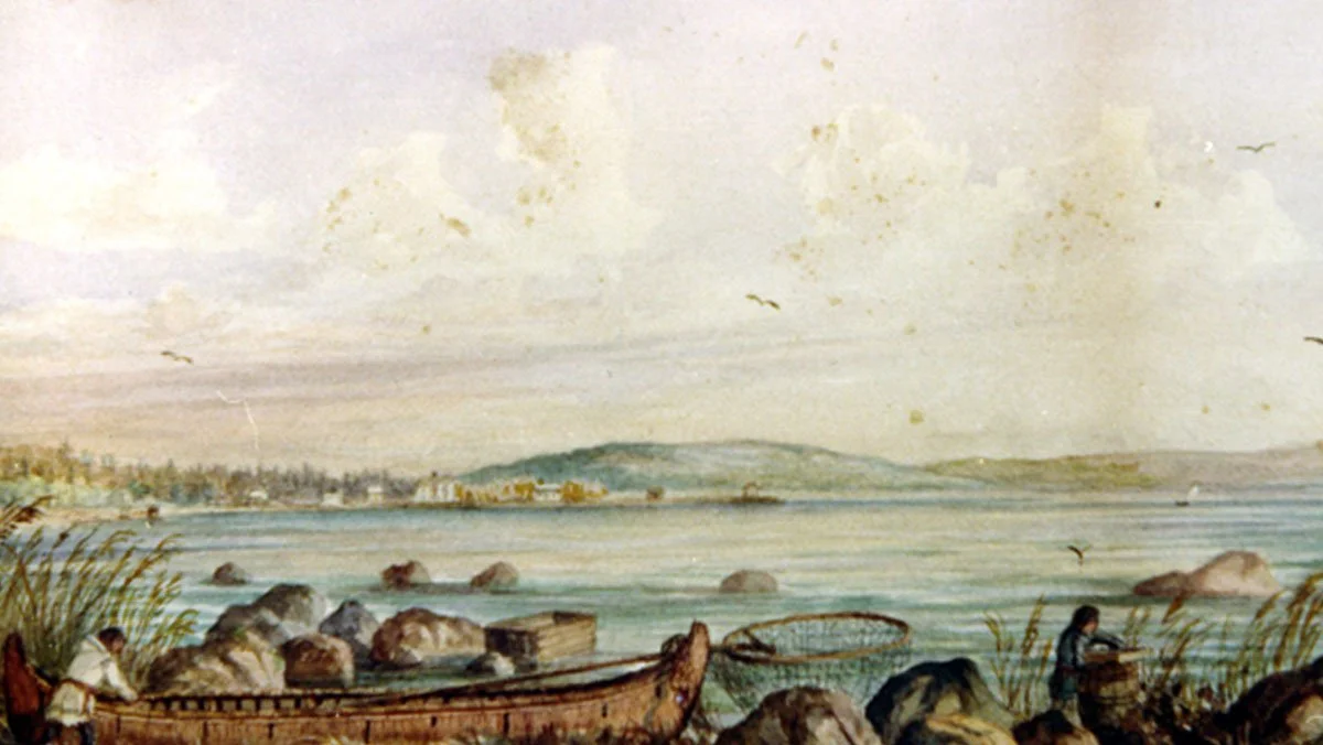 Anishinaabe fishermen with birchbark canoes at the St. Mary's River