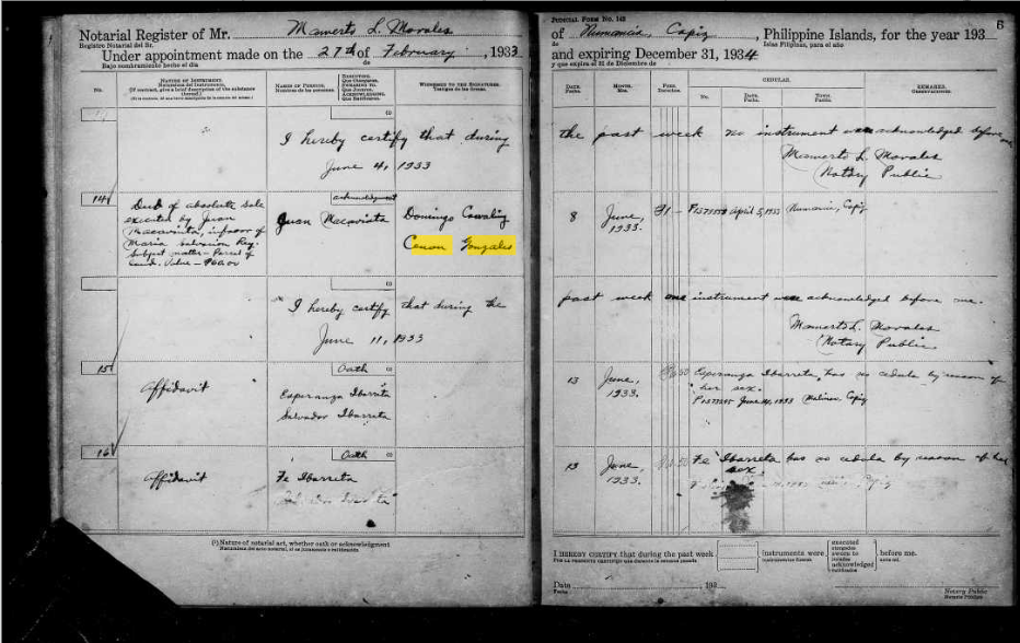 1933-1934 notarial register entry 14, Cenón Gonzales as witness