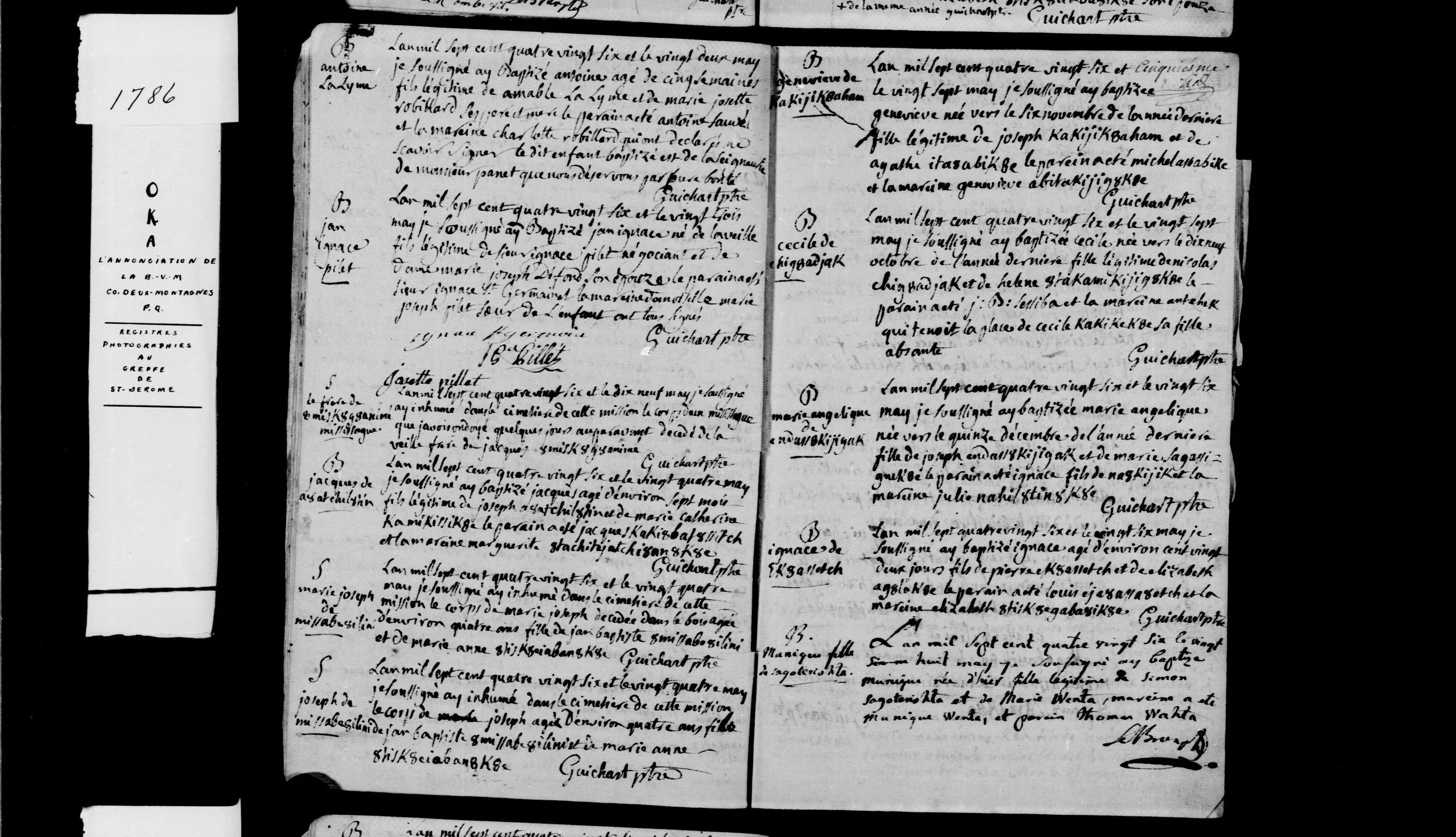 Oka Mission Register, 27 May 1786 — the same leaf recording Geneviève Abitakijikokwe as godmother and Hélène 8takami kijik8ke as mother