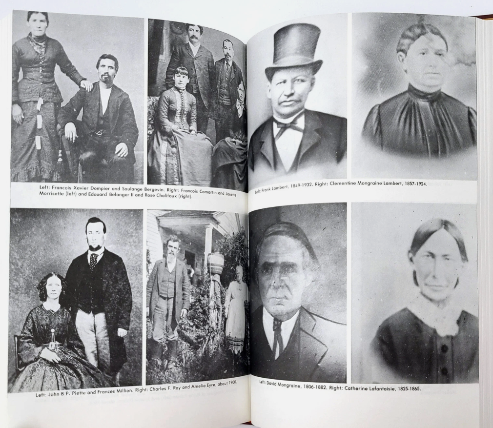 Portrait photographs from inside Catholic Church Records of the Pacific Northwest showing French Prairie community members including Francois Xavier Dompier and Soulange Bergevin, Frank Lambert, and David Mongraine
