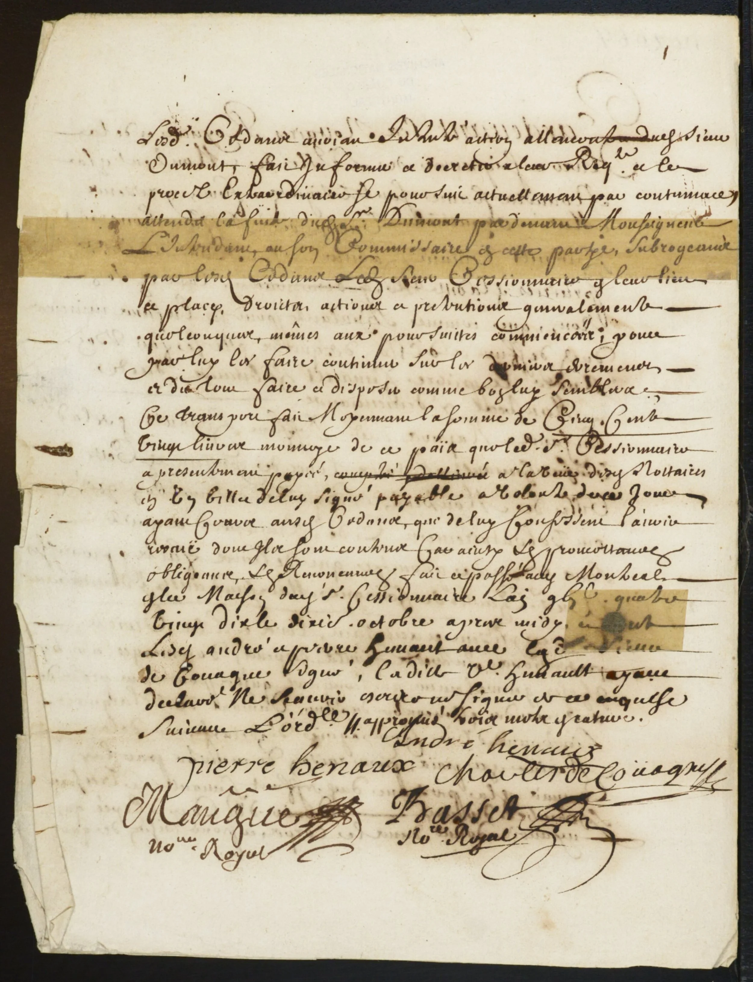 Continuation and signature leaf of Act 2064, stating the sum of 520 livres and the tenth of October, signed by the parties and notaries