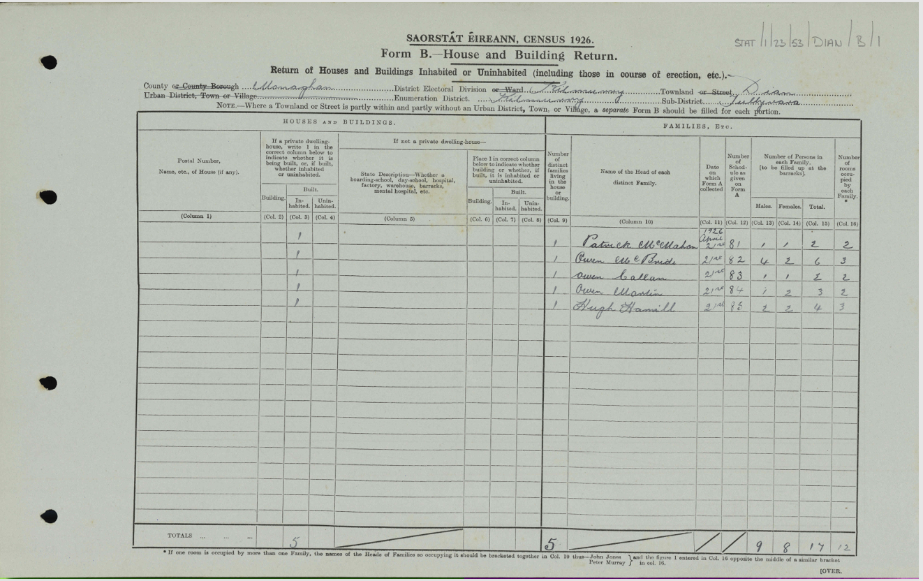 Form B-1, House and Building Return for the townland of Dian, listing five households including Hugh Hamill at line five.