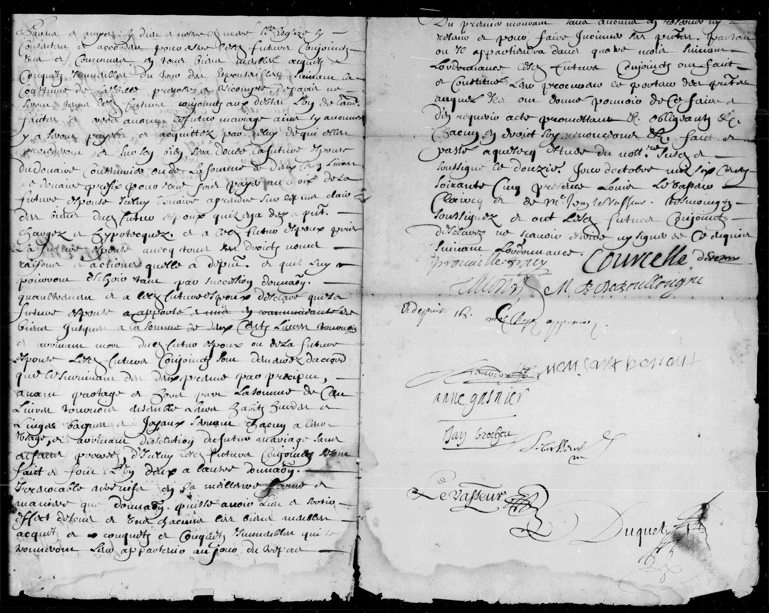 Marriage contract of Pierre Pallereau and Isabelle Le Roy, terms and signatures