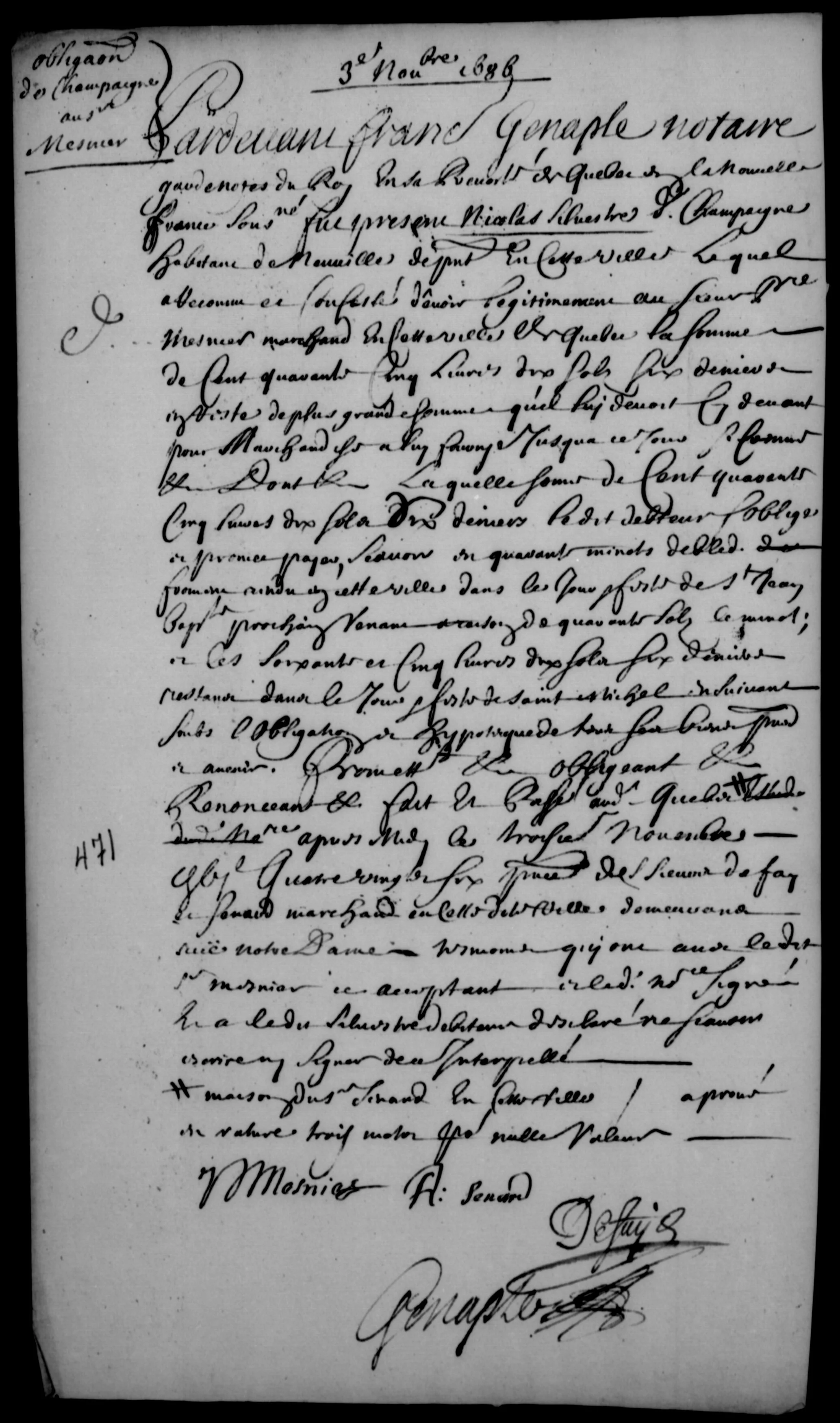 Obligation to Pierre Mesnier, 1686