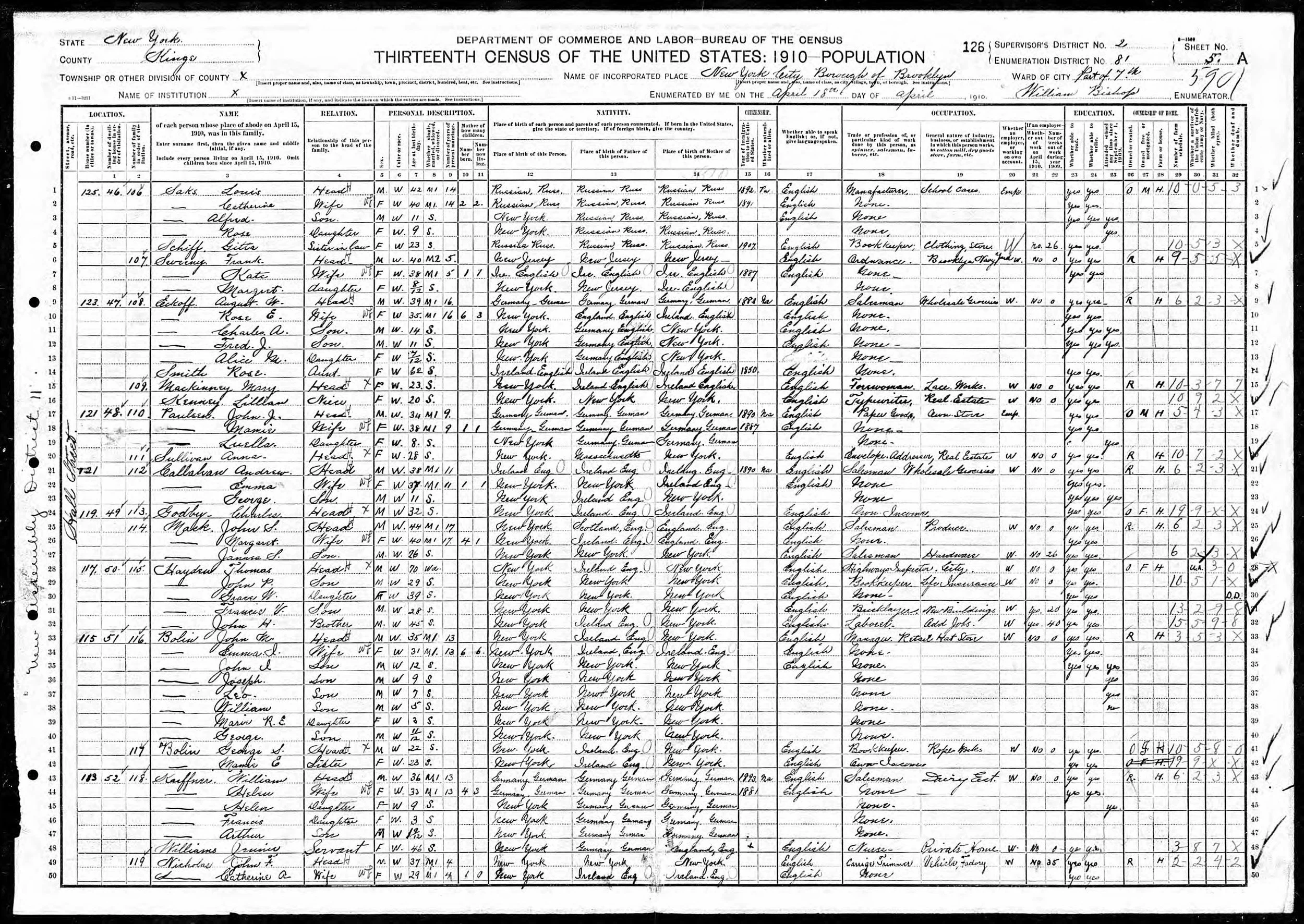 1910 U.S. Census Brooklyn showing Mary F MacKinney Forewoman Lace Works with niece Lillian Kenny age 20 typist