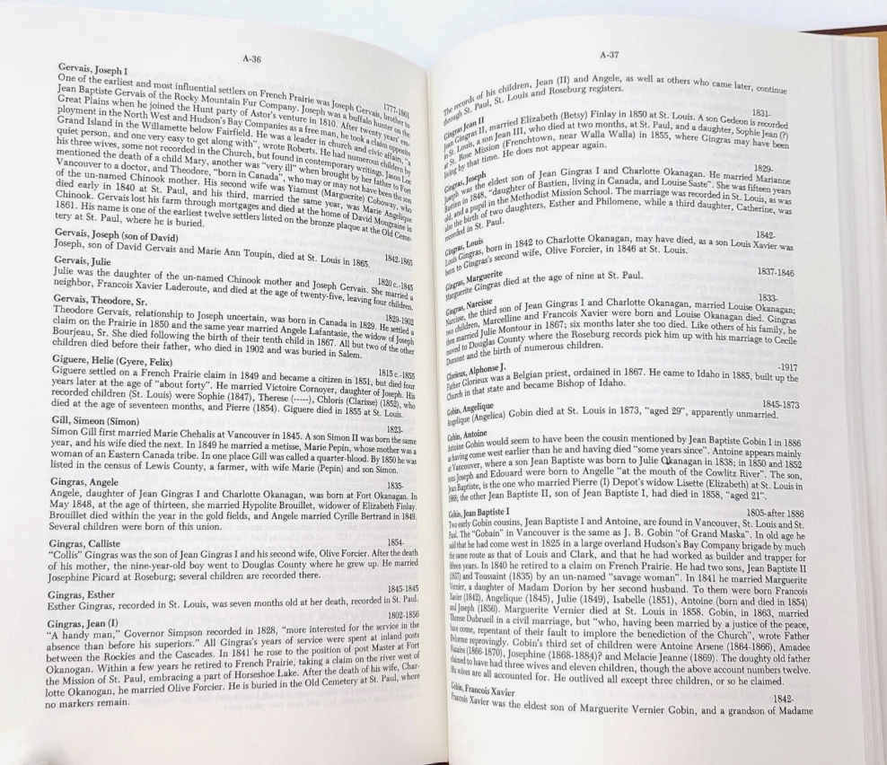 Pages showing Munnick biographical annotation entries including Gervais, Joseph I (1777-1891), Gingras family entries, and Gobin, Jean Baptiste I biographical notes