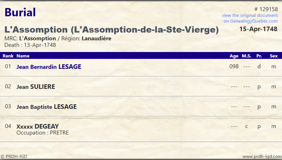 PRDH Burial Jean Bernardin