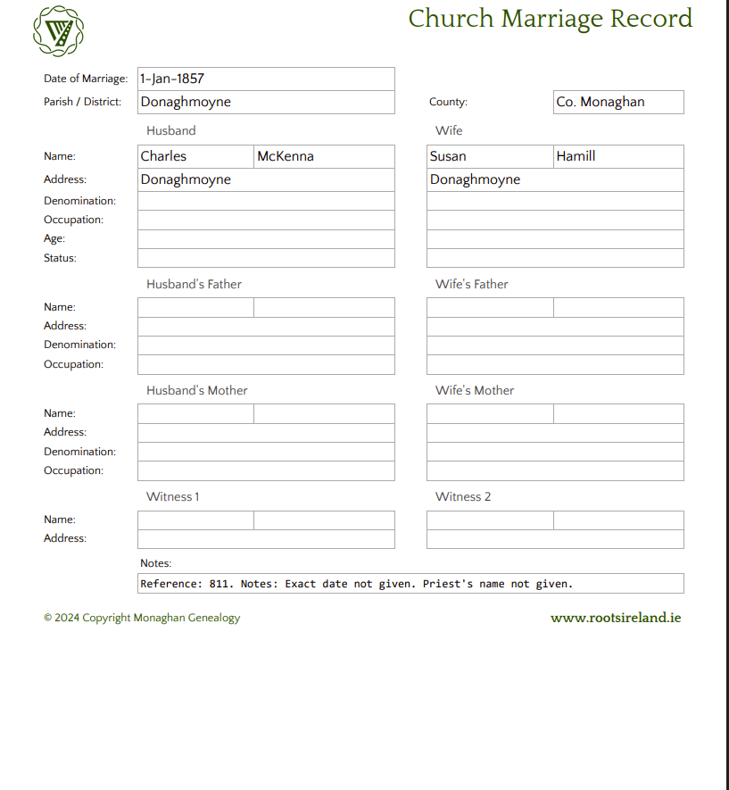 1857 Marriage Record - Charles McKenna & Susan Hamill