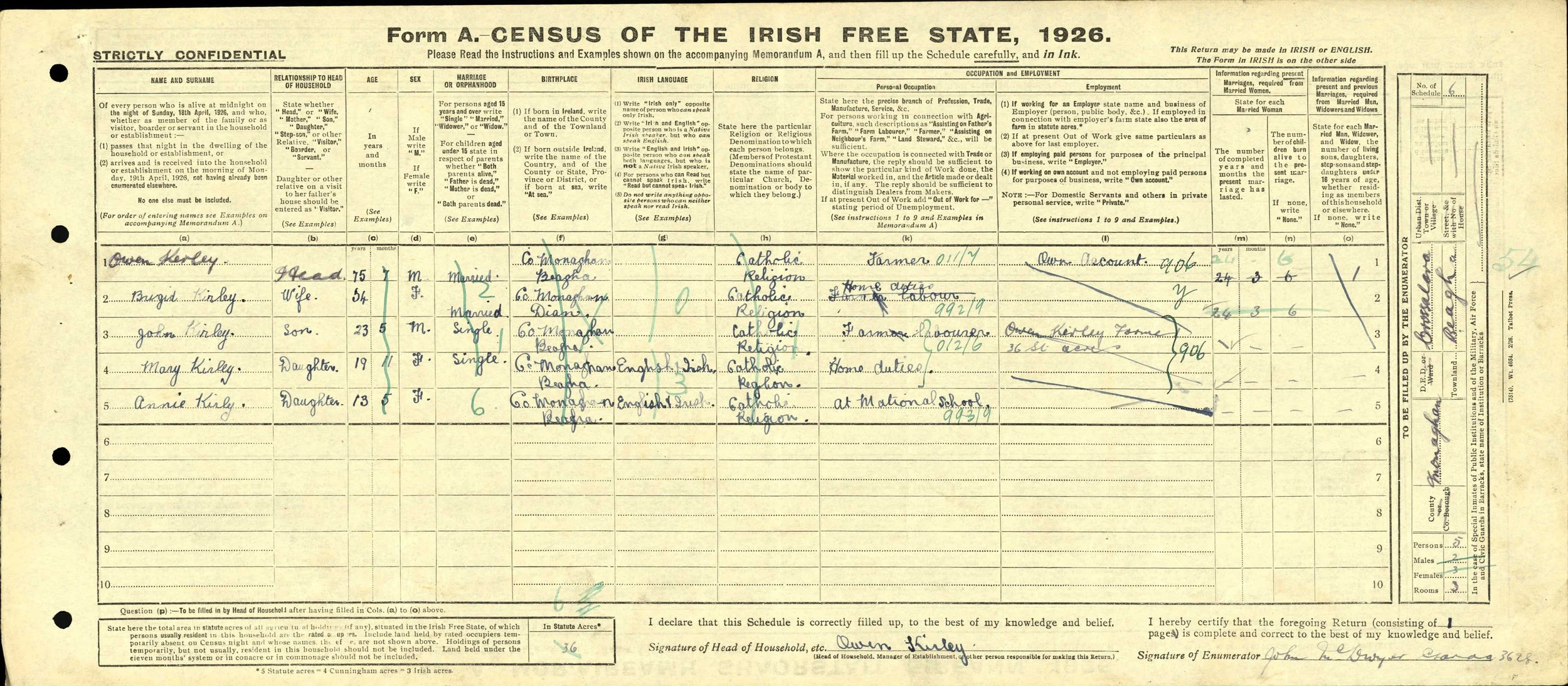 1926 Census Owen Kirley household