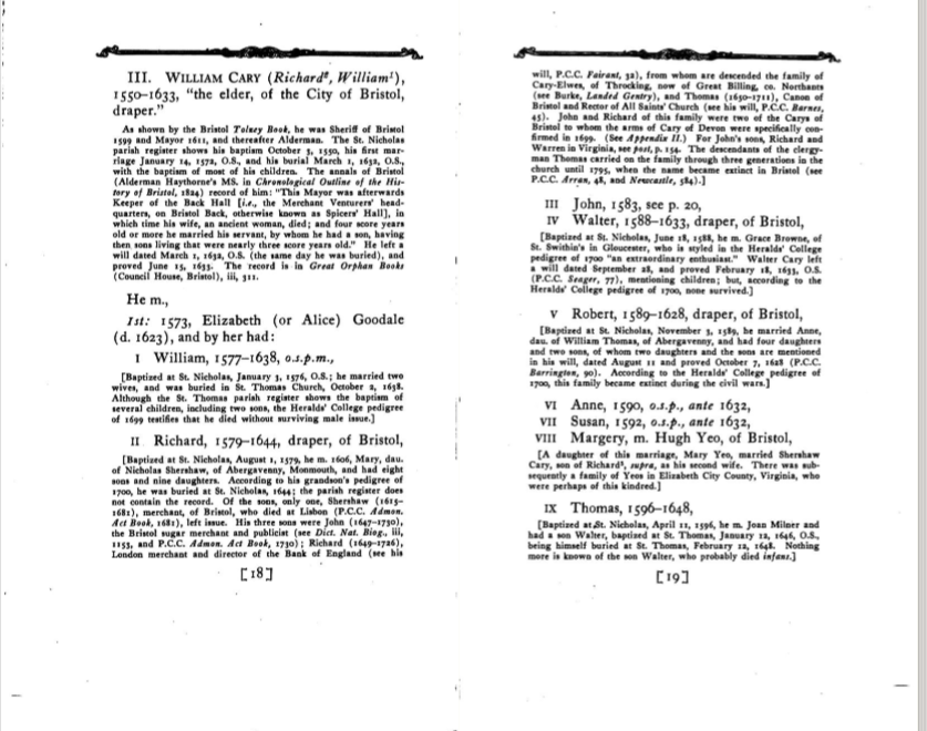 The Virginia Carys page documenting William Cary of Bristol and his descendants