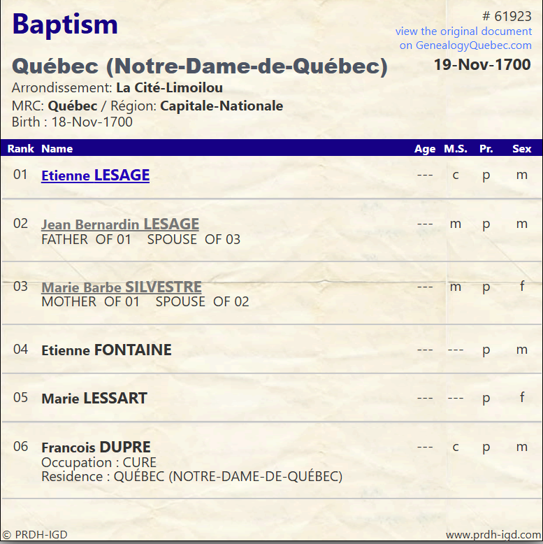 PRDH Baptism Etienne Lesage