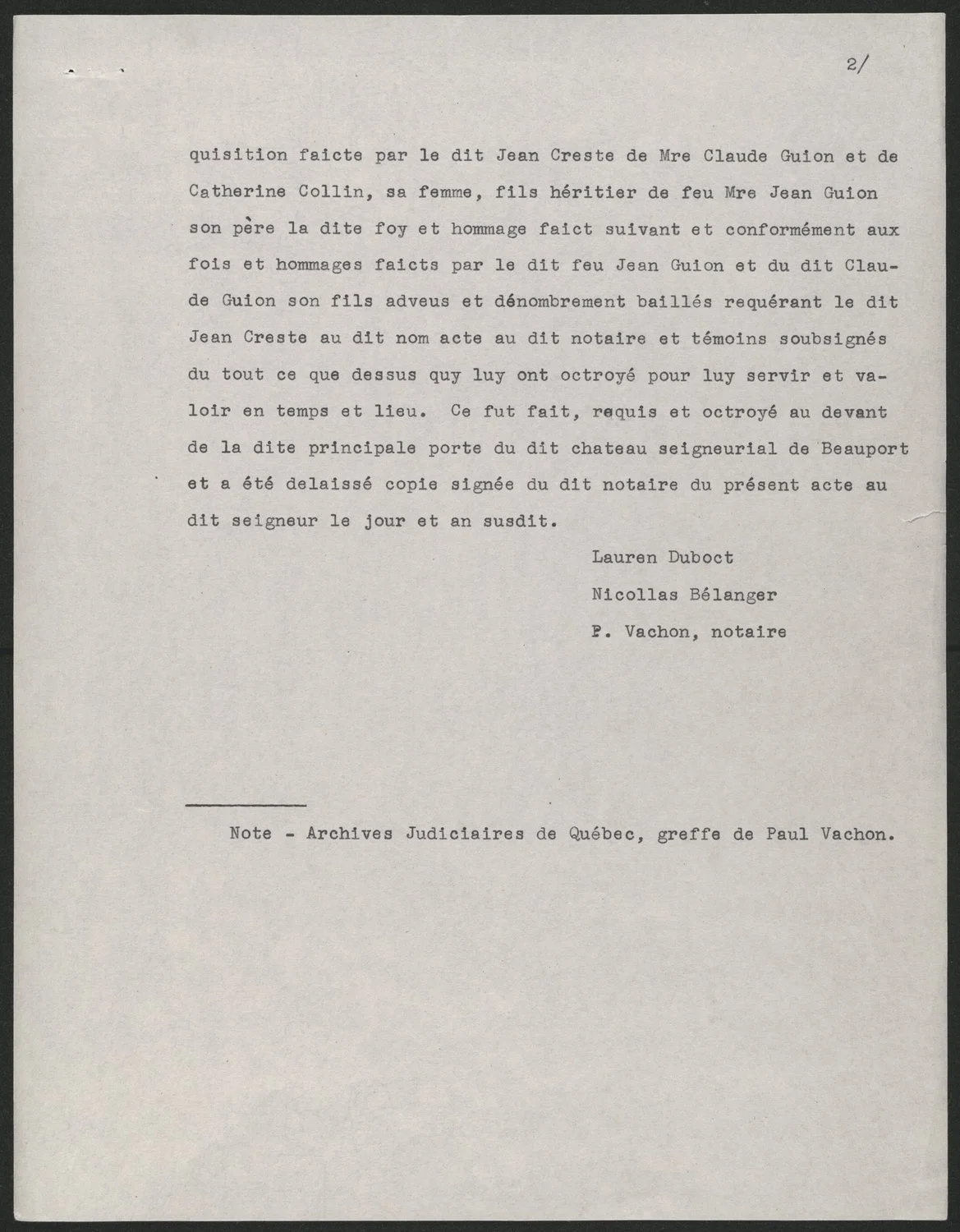 1666 Act of Faith and Homage, page 2 — closing references to Guion provenance and witness signatures