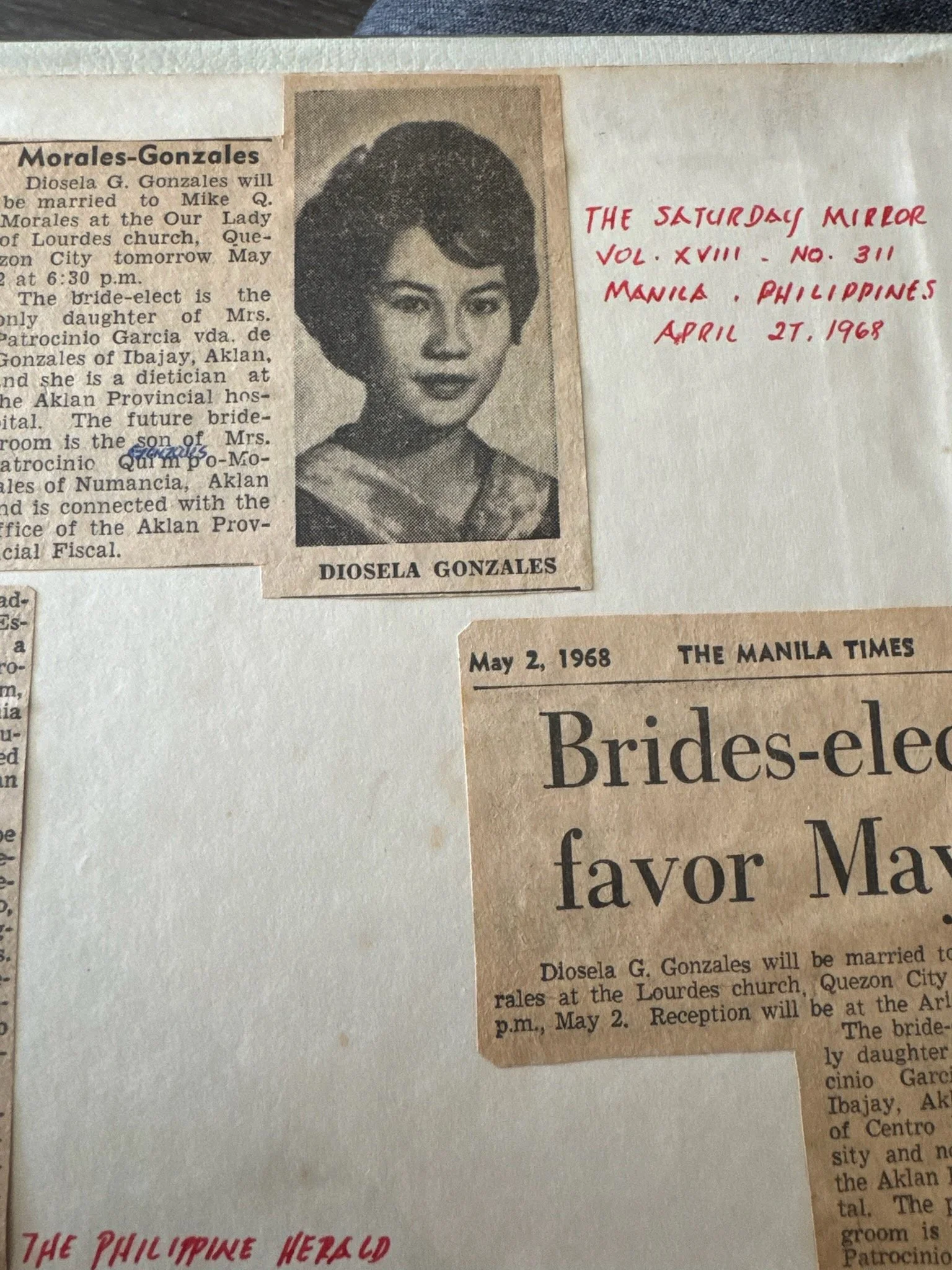 Wedding announcements for Morales-Gonzales wedding, 1968