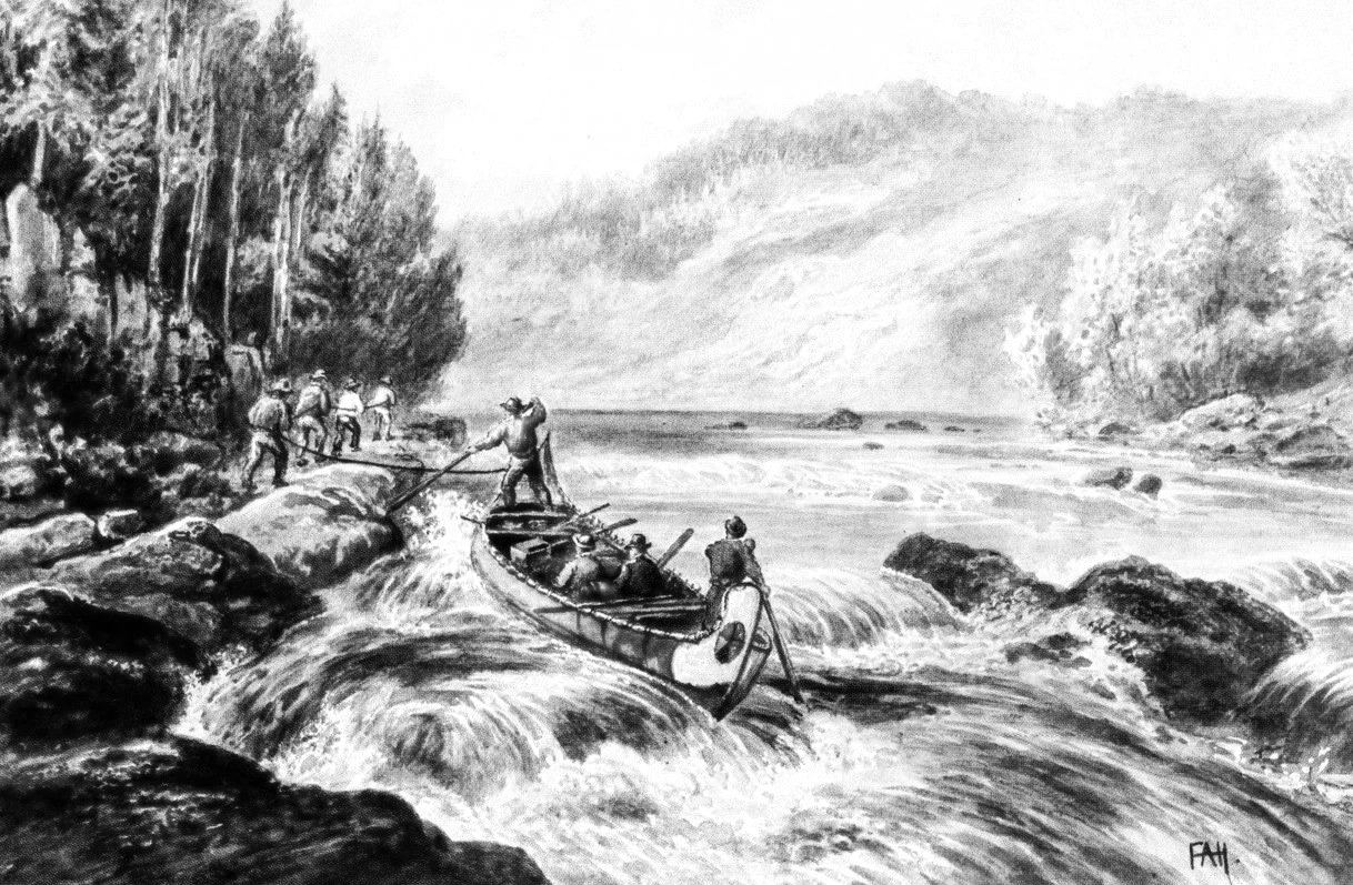Voyageurs navigating rapids, historical illustration