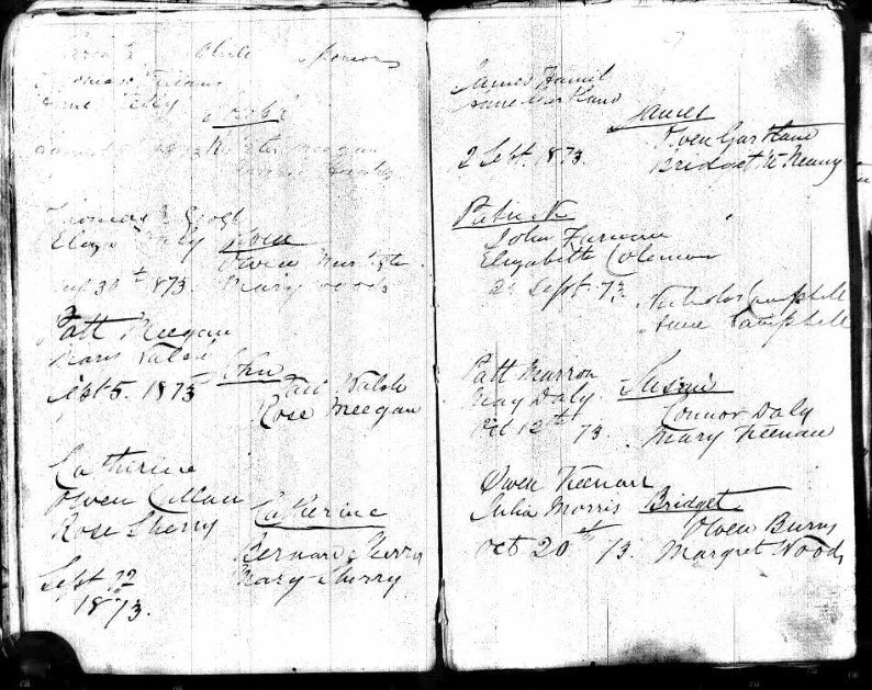 1865 Donaghmoyne baptism of James, son of James Hamill and Anne Gartlan of Donaghmoyne Parish, sponsors Owen Gartlan and Bridget McNeany