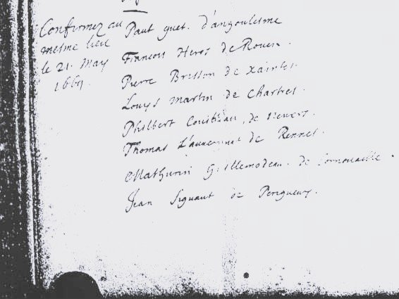 Original confirmation register page, Chambly, 21 May 1669 — Philibert Couilliau de Nevers