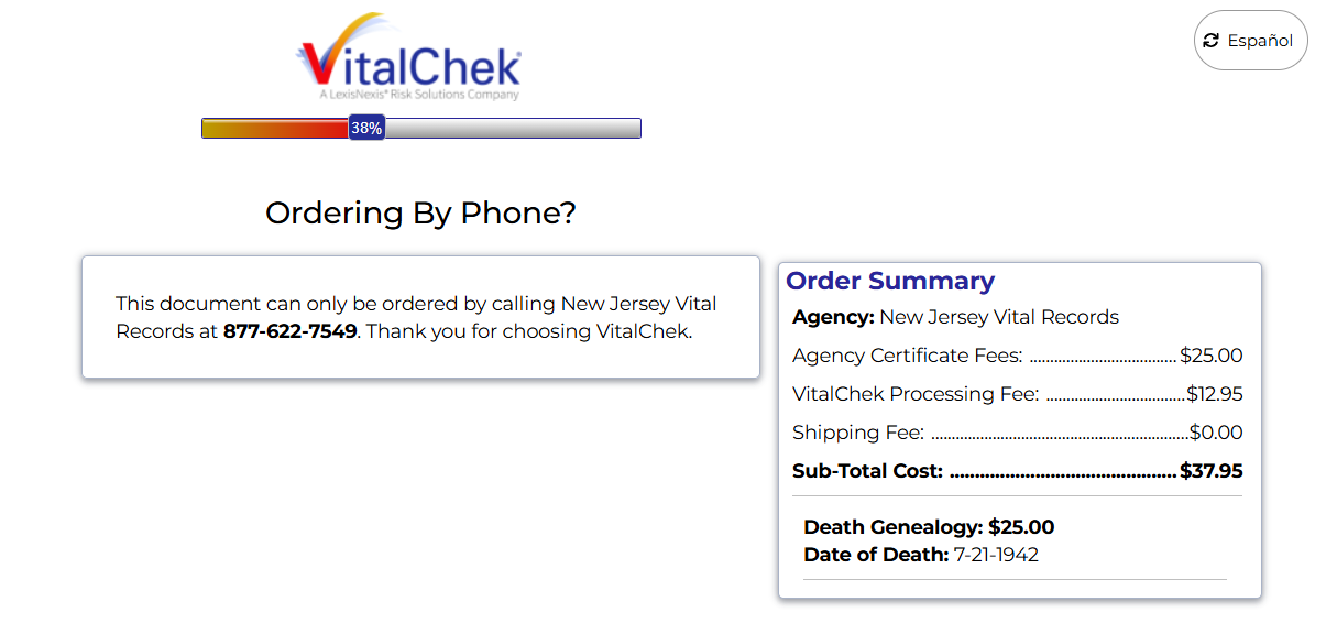 VitalChek order interface showing New Jersey death certificate order for Helen Verhoek blocked at grandchild eligibility verification step with fees authorized at 37 dollars 95 cents