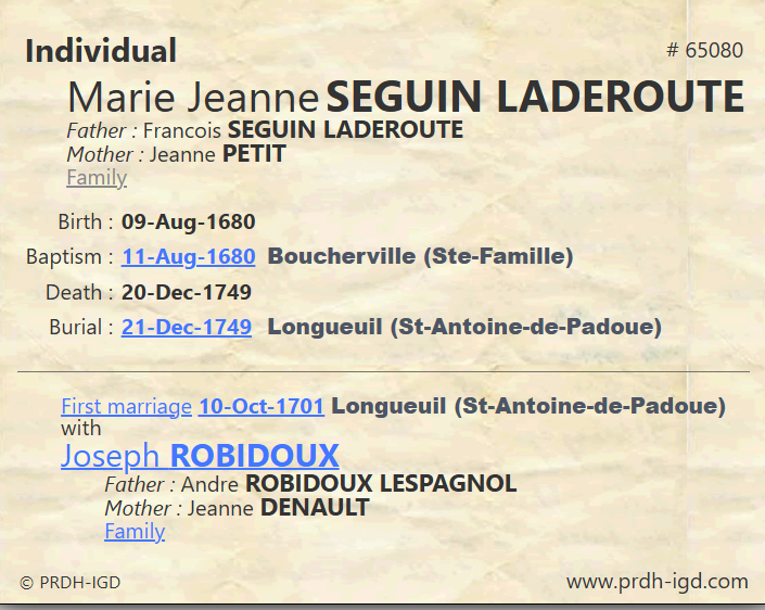 PRDH Individual Record for Marie Jeanne Seguin Laderoute