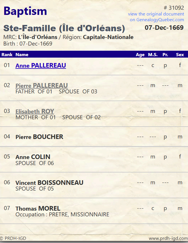 PRDH Baptism, Anne Pallereau