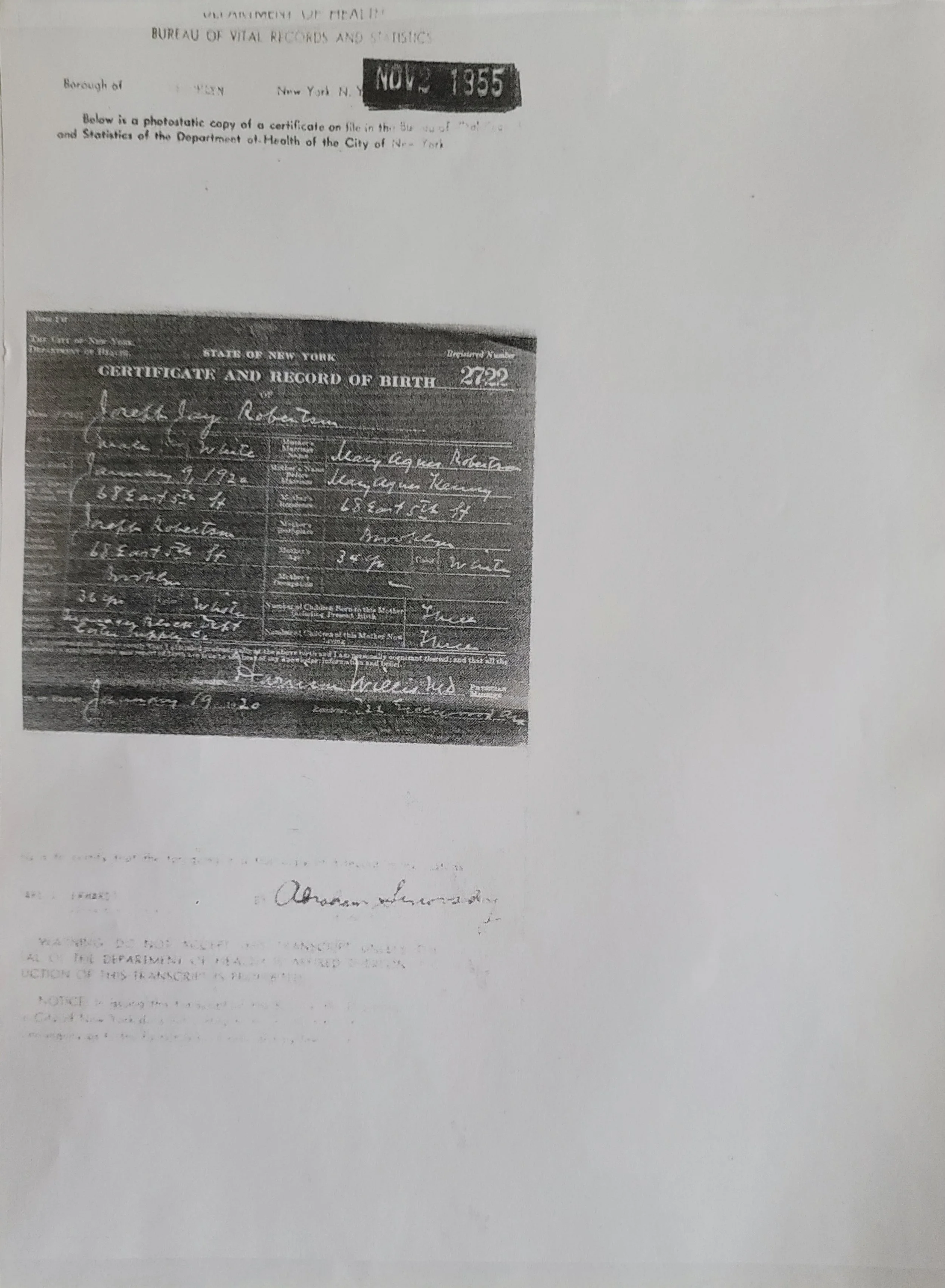 1920 Certificate of Birth Joseph Jay Robertson born January 9 1920 68 East 5th Street Brooklyn father Joseph Robertson salesman mother Mary Agnes Kenny age 34 photostatic copy issued 1955