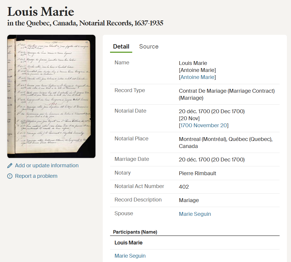 Ancestry database index record for Louis Marie marriage contract