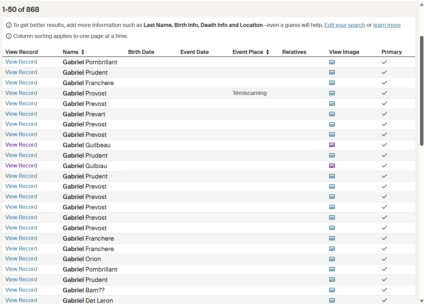 Ancestry first name search Gabriel in HBC records 18 pages showing Gabriel Guilbeau and Gabriel Gulbiau