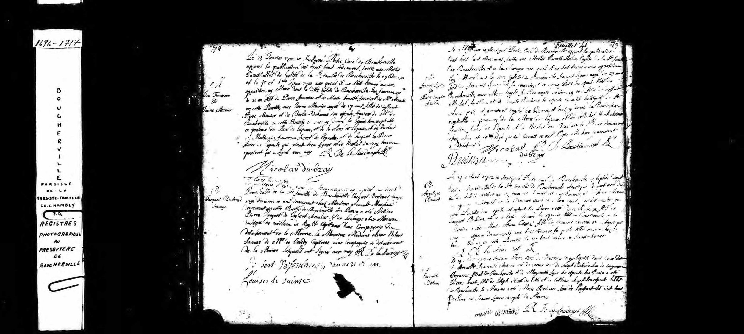 1702 Marriage record page from Boucherville parish register