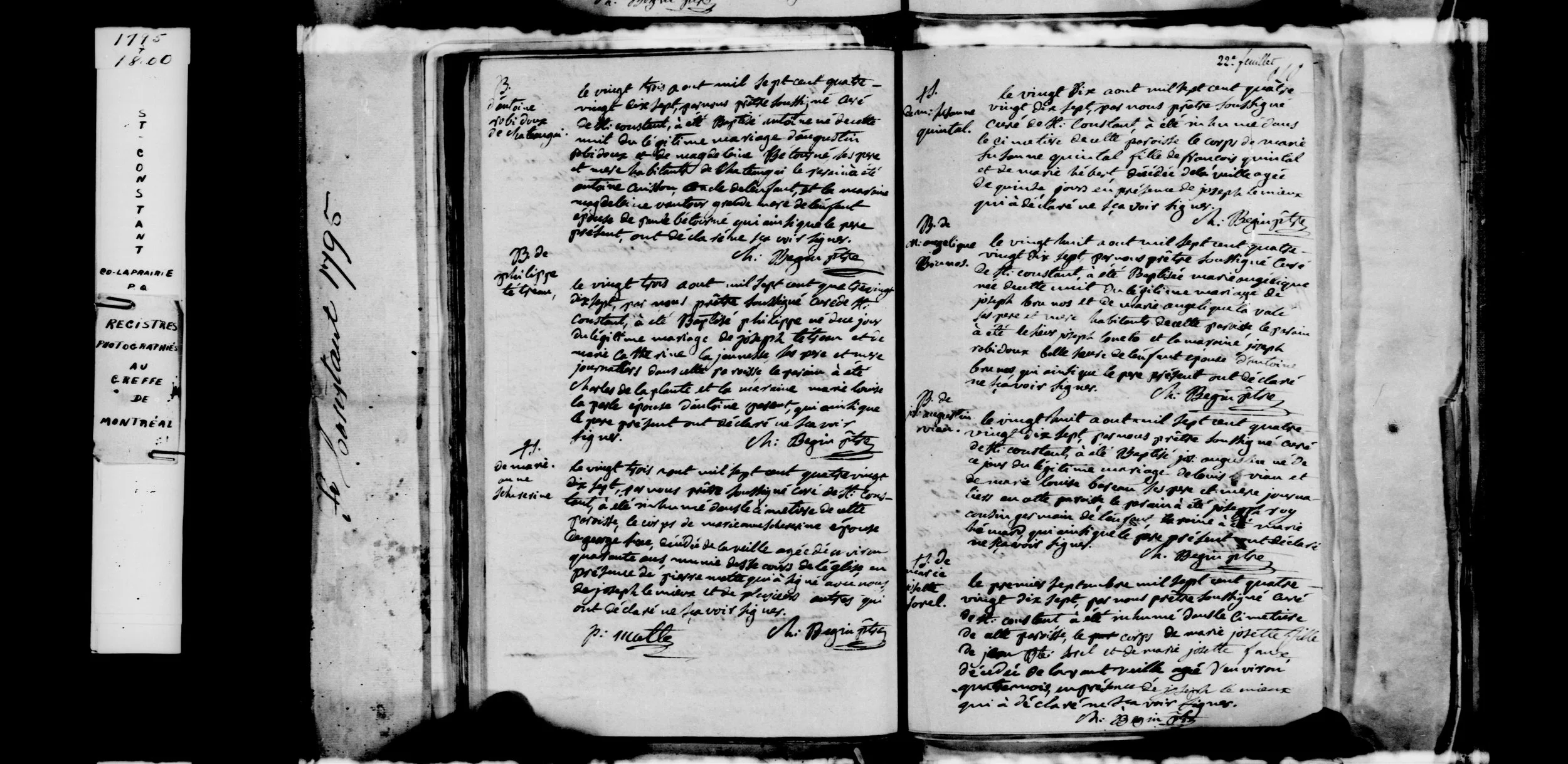 Full page of Saint-Constant burial register 1797 showing Marie Suzanne Quintal burial entry