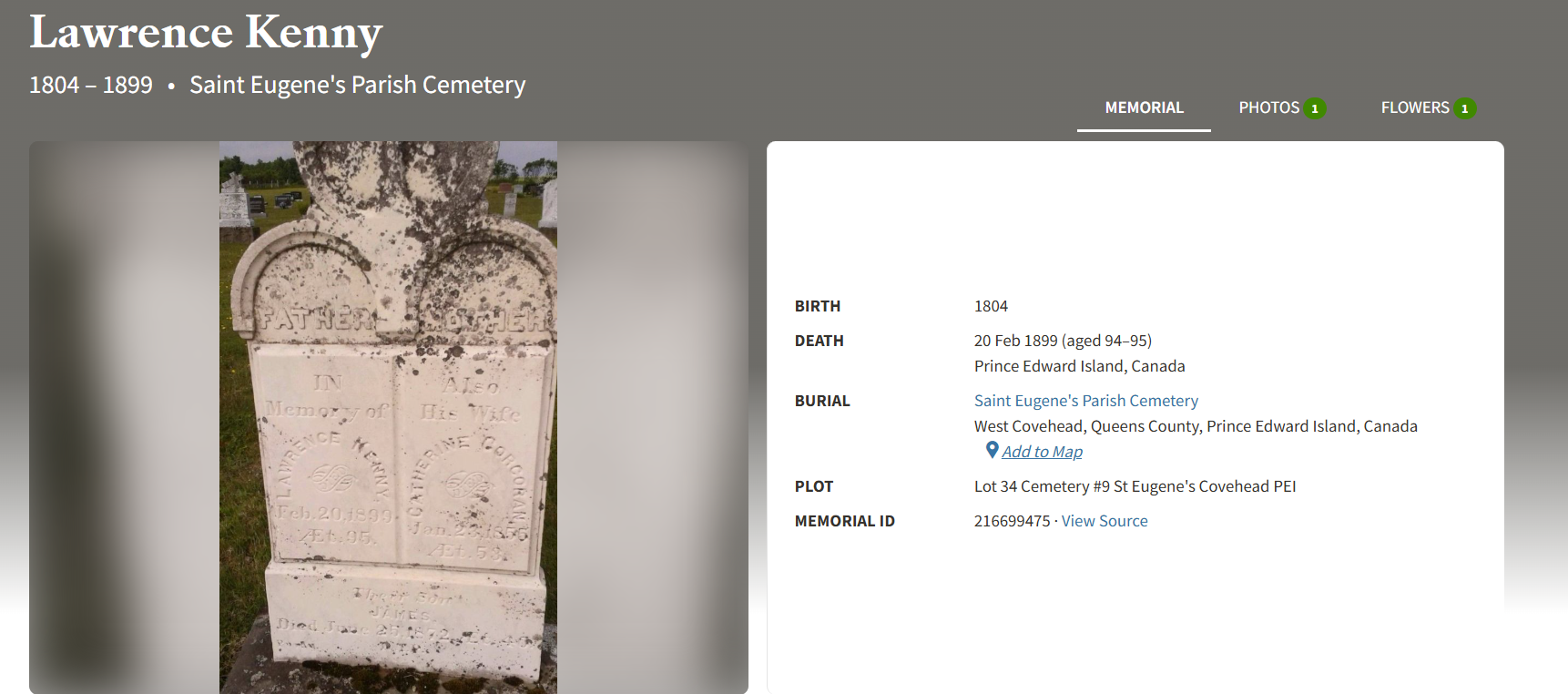 Find A Grave memorial for Lawrence Kenny