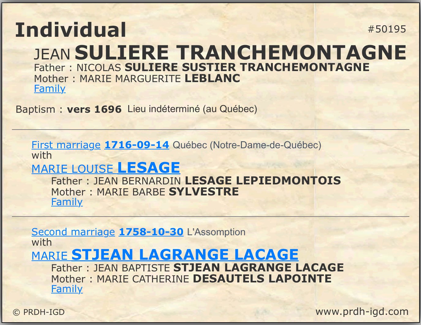 PRDH Individual Record for Jean Suliere Tranchemontagne